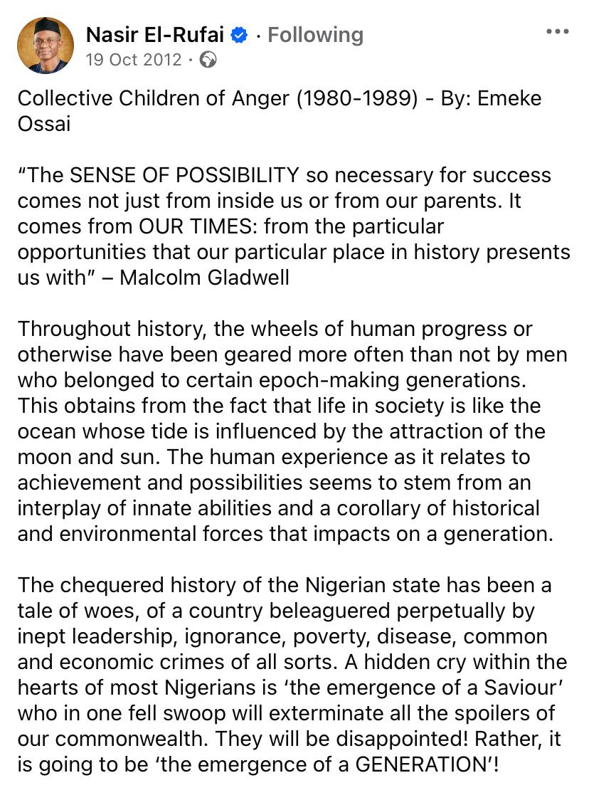 Nasir El-Rufai sharing Emeke Ossai's article