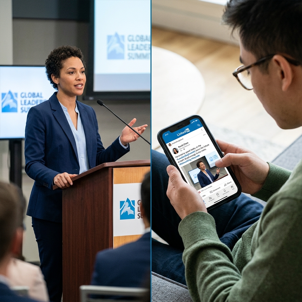 Professional speaking at podium